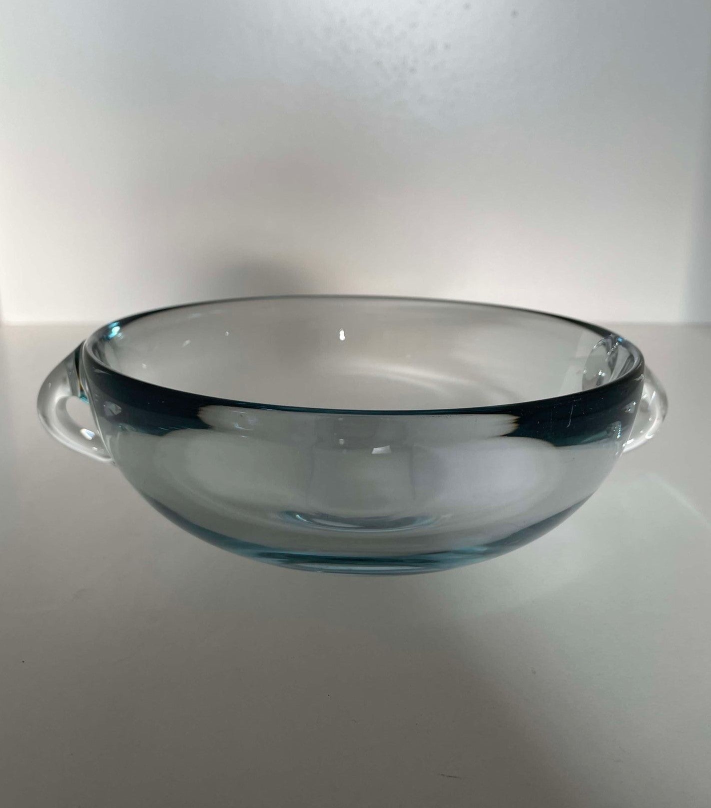 Beautiful rare low round akava blue bowl with attached ears from Holmegaard - no. 09108