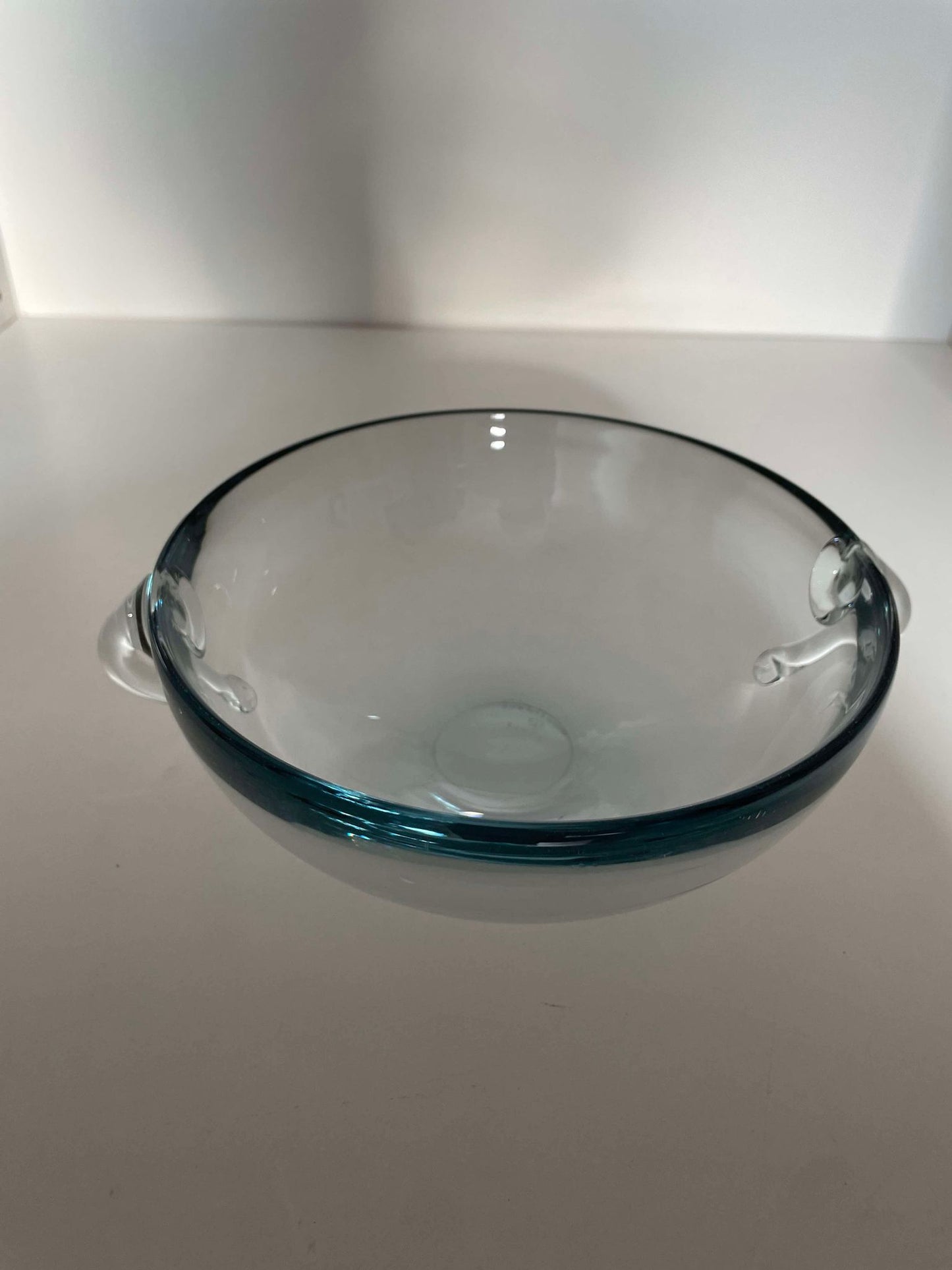 Beautiful rare low round akava blue bowl with attached ears from Holmegaard - no. 09108