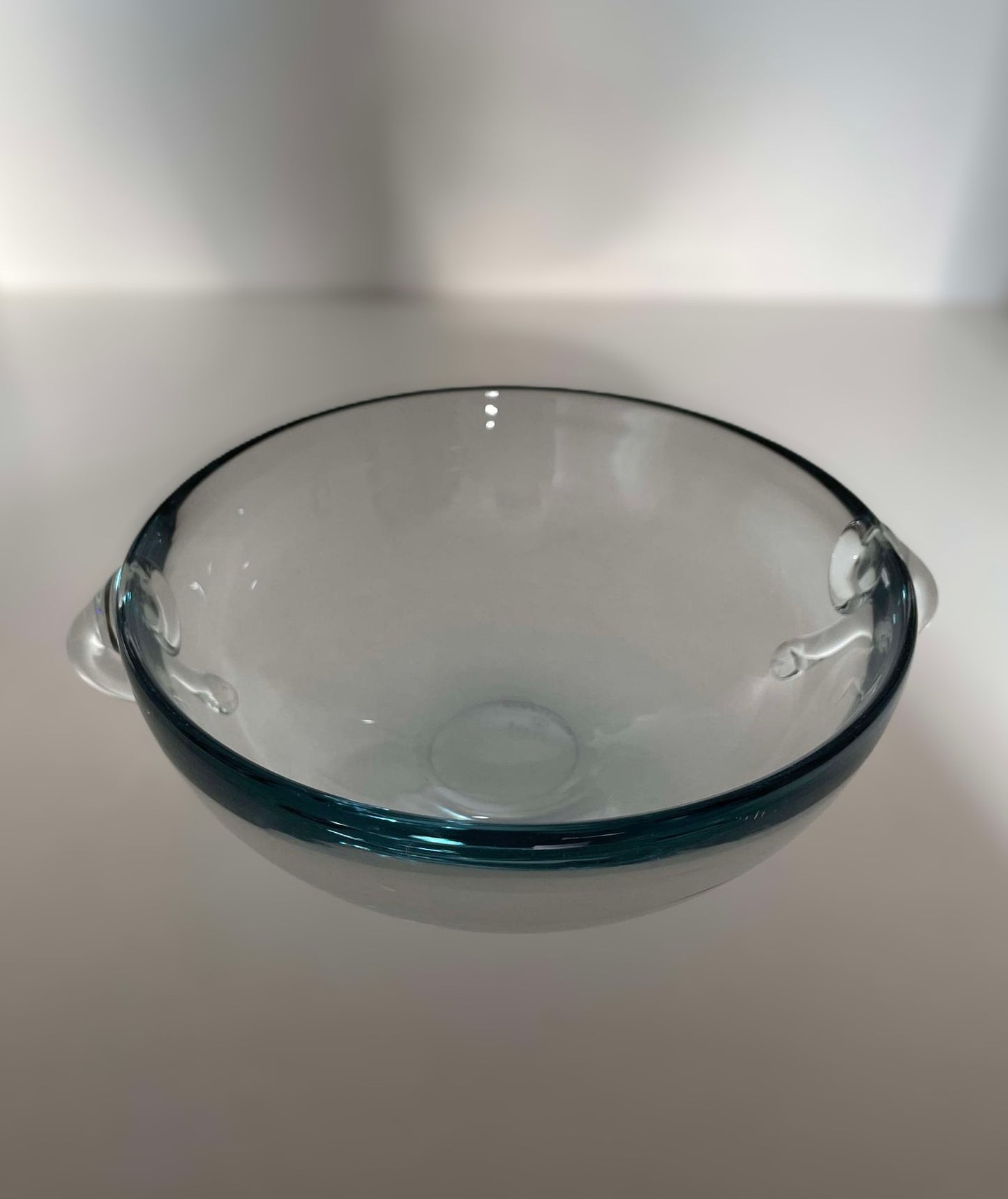 Beautiful rare low round akava blue bowl with attached ears from Holmegaard - no. 09108