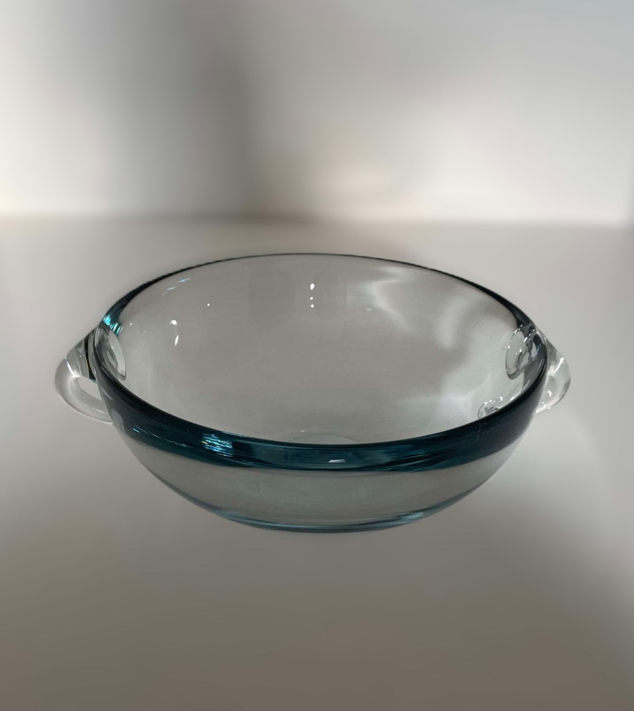 Beautiful rare low round akava blue bowl with attached ears from Holmegaard - no. 09108