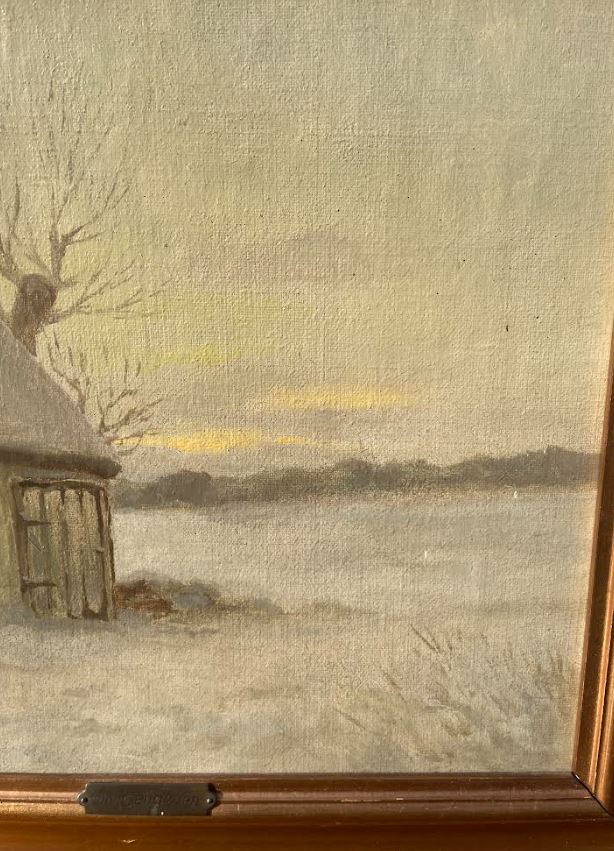 Olie på lærred, Wiliam Henriksen (1880-1964) “Vinteraften bag huset“ - nr. 09018