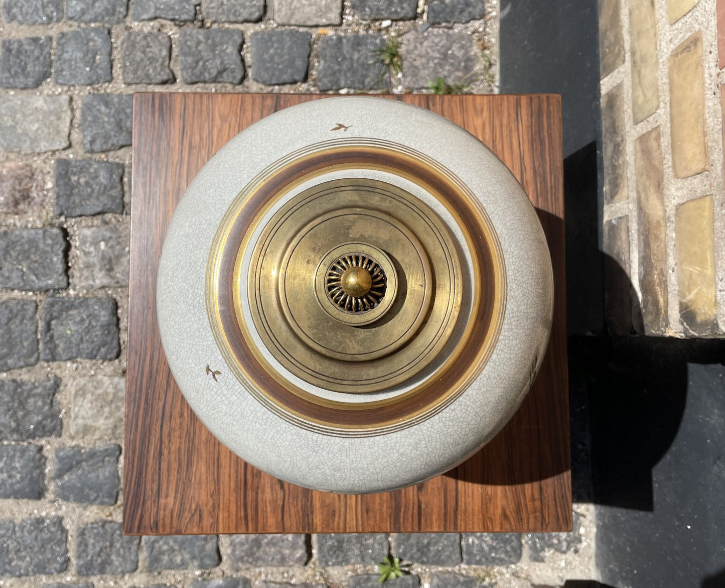 Royal Copenhagen stoneware vase with crackle glaze and bronze lid