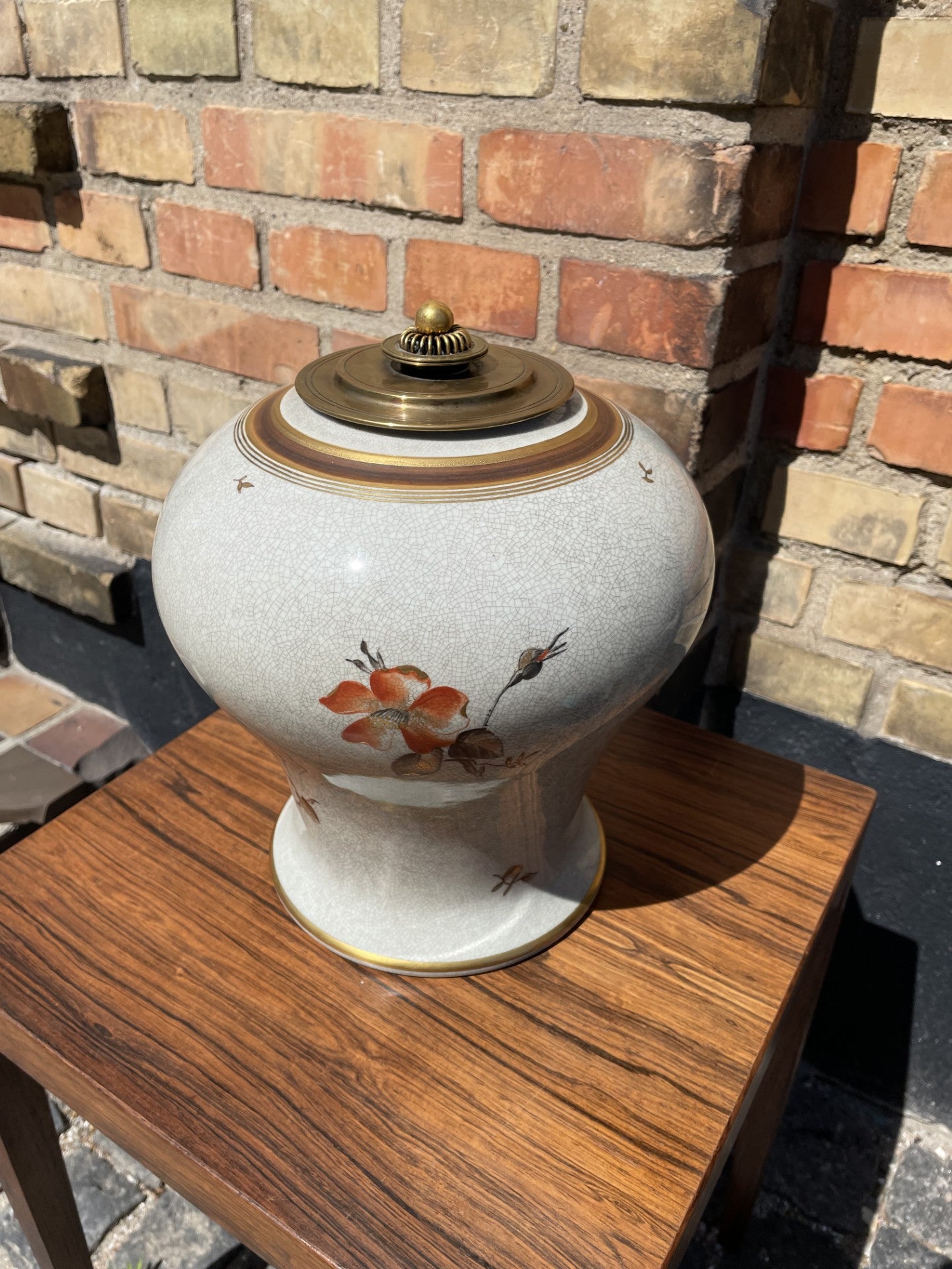 Royal Copenhagen stoneware vase with crackle glaze and bronze lid