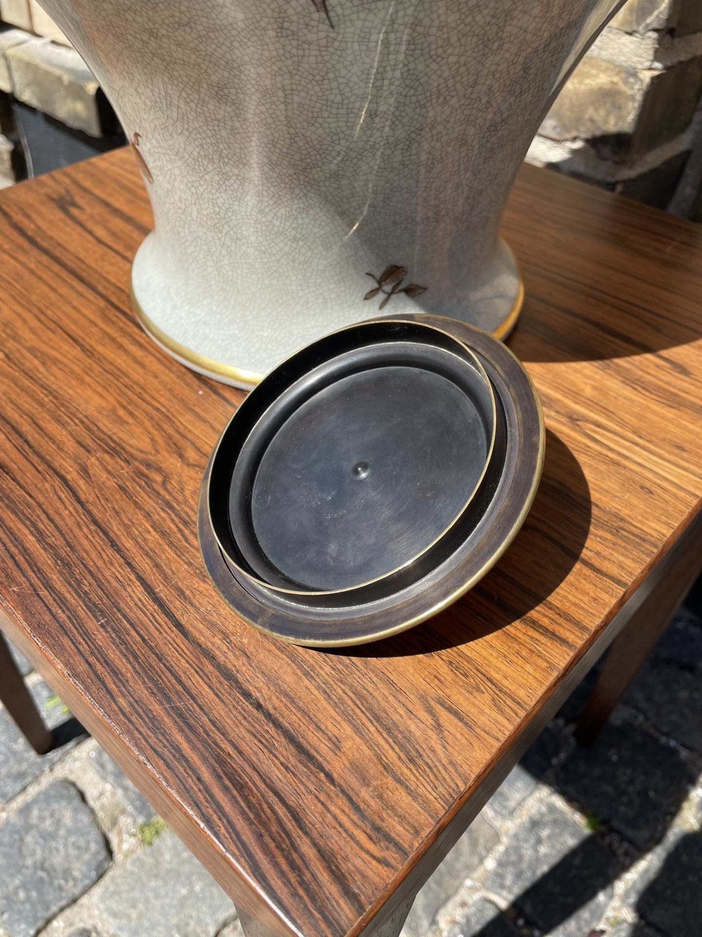 Royal Copenhagen stoneware vase with crackle glaze and bronze lid