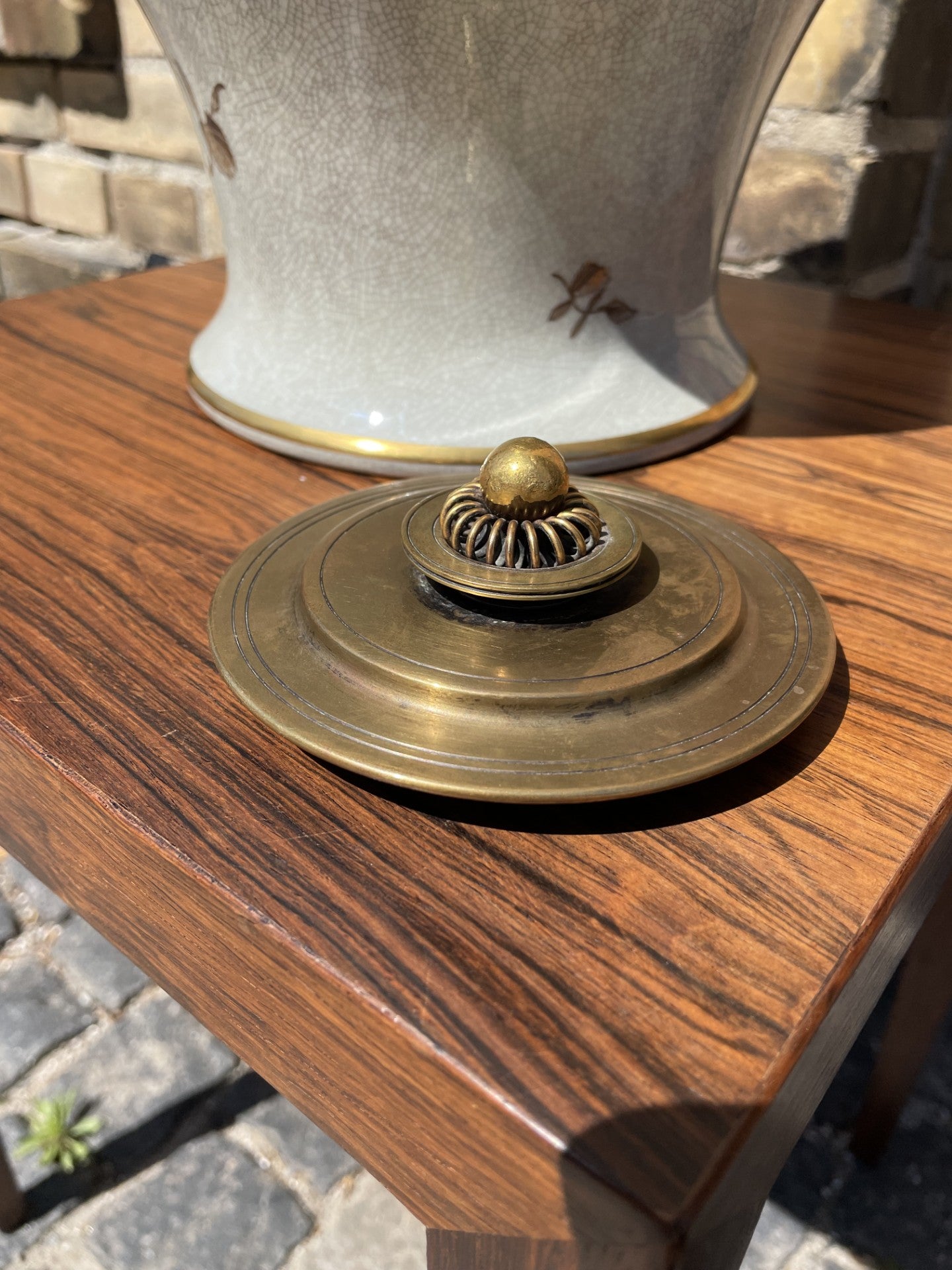 Royal Copenhagen stoneware vase with crackle glaze and bronze lid