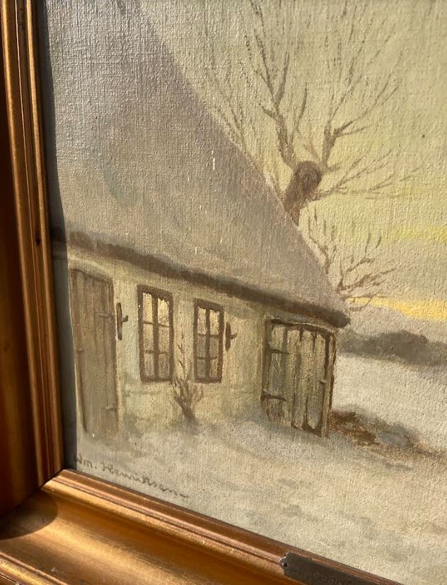 Olie på lærred, Wiliam Henriksen (1880-1964) “Vinteraften bag huset“ - nr. 09018